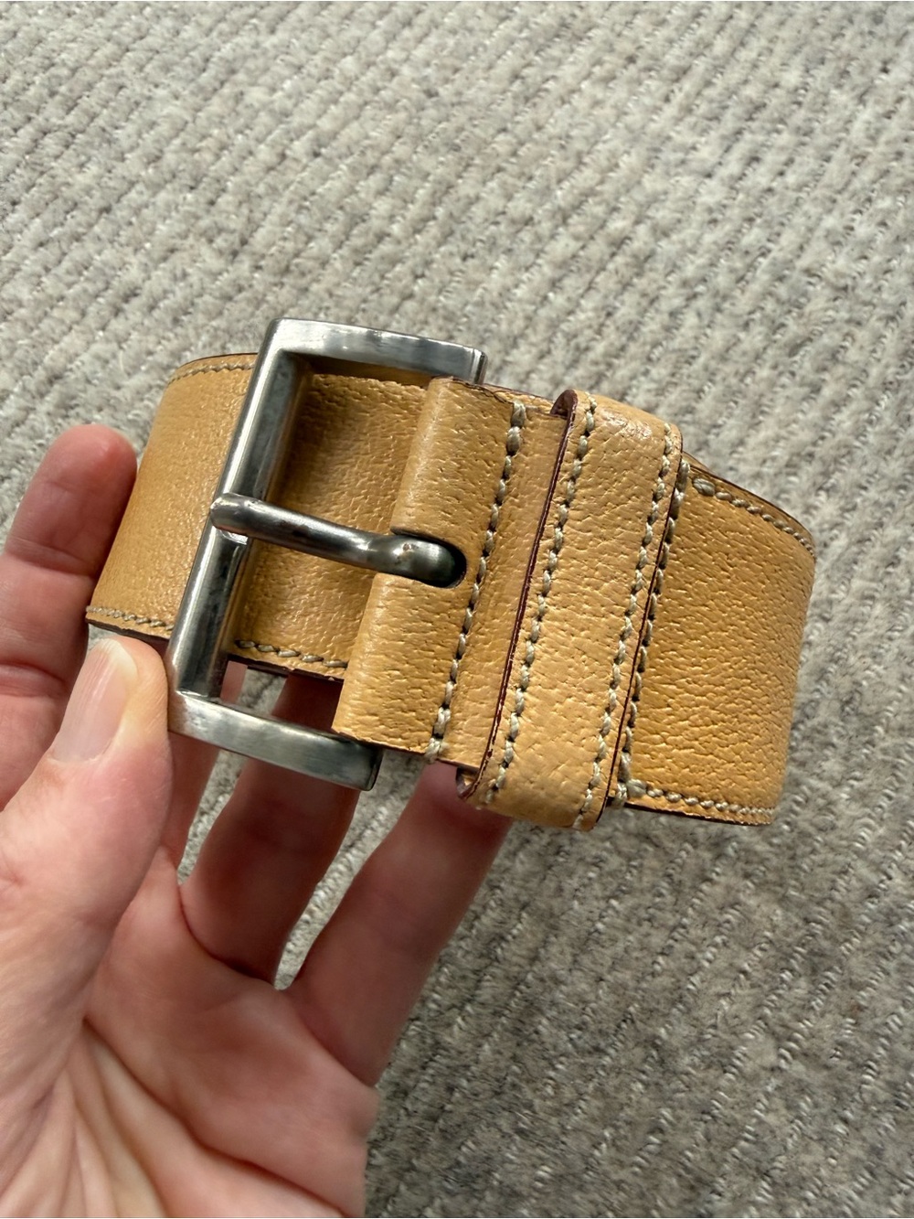 Prada Tan Leather Wide Belt with Silver-Tone Buckle